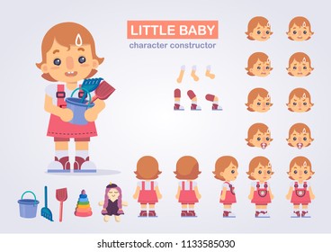 Happy little kid girl character with various views, face emotions, poses . Baby with toys: bucket, rake, shovel.  Front, side, back view animated character.Vector clip art