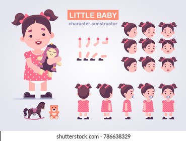 Happy little kid girl character with various views, face emotions, poses . Baby with toys: doll, teddy bear, horse.  Front, side, back view animated character.Vector clip art