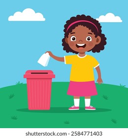 Happy little kid girl throw trash to trash bin, Flat Vector Illustration.