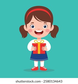 Happy Little Kid Holding a Gift Box - Cartoon Vector Illustration