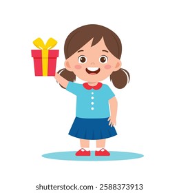 Happy Little Kid Holding a Gift Box - Cartoon Vector Illustration