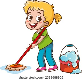 Happy little kid holding mop and bucket cleaning floor doing housework chore