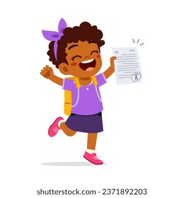 happy little kid jump because get good grade in exam