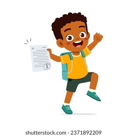 happy little kid jump because get good grade in exam