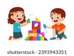 happy little kid play brick with friend