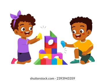 happy little kid play brick with friend