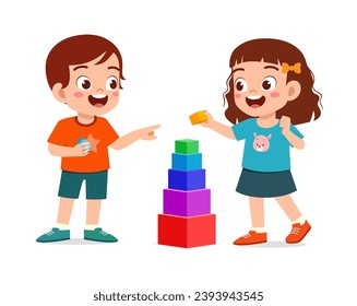 happy little kid play brick with friend