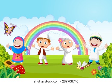 Happy little kid with rainbow