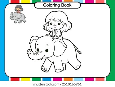 Criança feliz cavalgando em um bebê elefante engraçado , preto e branco esboço ilustração vetor de elefante e criança jogando livro ou página de coloração