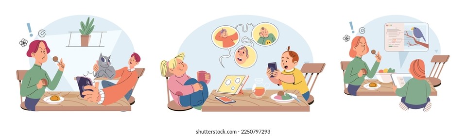 Happy little kid using tablet, child watching smartphone while eating at kitchen at home. Irritated mom is nervous that kid is distracted during feeding and spends too much time with gadgets