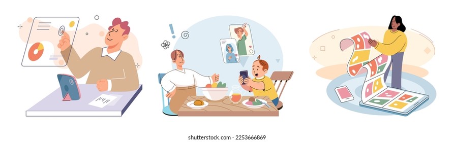 Happy little kid using tablet, child watching smartphone while eating at kitchen at home. Irritated mom is nervous that kid is distracted during feeding and spends too much time with gadgets