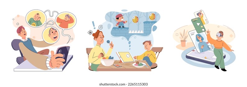 Happy little kid using tablet, child watching smartphone while eating at kitchen at home. Irritated mom is nervous that kid is distracted during feeding and spends too much time with gadgets