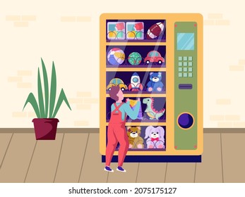 Happy little kid wishes to buy toys from vending machine with ball, teddy bear, car, rocket, dinosaur, kite, puzzle. Fun child draws gift prizes from arcade store. Cartoon vector illustration