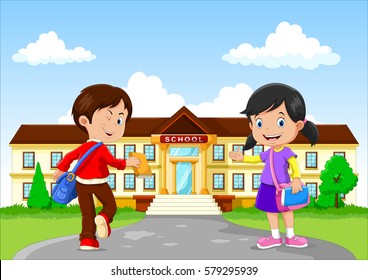 Happy little kids with bags and books on school building background