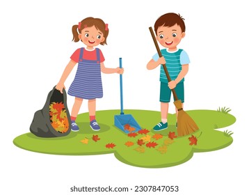 Happy little kids boy and girl raking fallen autumn leaves into plastic bag cleaning up in the garden 