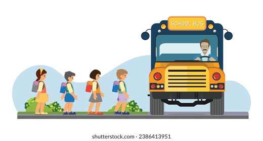 Niños y niñas felices montan un autobús escolar amarillo y van a la escuela. Ilustración vectorial.