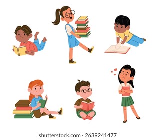 Happy little kids cartoon characters reading books enjoying learning and favorite hobby isolated set on white background. Smart curious children studying literature and science vector illustration