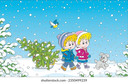Happy little kids with a cheerful pup carrying a small snowy fir tree on their sled through a snow-covered forest to decorate it for merry Christmas, vector cartoon illustration
