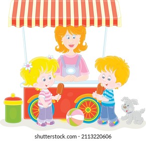 Happy little kids with chocolate ice cream on a stick near a street ice-cream cart and smiling girl vendor in a summer park, vector cartoon illustration isolated on a white background