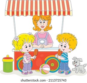 Happy little kids with chocolate ice cream on a stick near a street ice-cream cart and smiling girl vendor in a summer park, vector cartoon illustration isolated on a white background