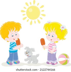 Happy little kids with chocolate ice cream walking on a sunny summer day, vector cartoon illustration isolated on a white background