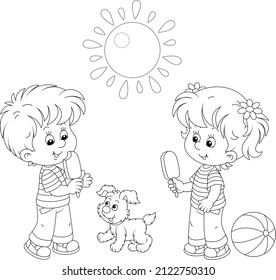 Happy little kids with chocolate ice cream walking on a sunny summer day, black and white outline vector cartoon illustration for a coloring book page