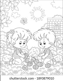 Happy Little Kids Collecting Decorated Eggs After An Easter Egg Hunt On Grass Of A Spring Lawn, Among Bushes And Trees In A Garden Of Their House, Black And White Outline Vector Cartoon Illustration