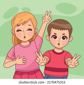 happy little kids couple characters
