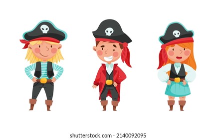 Happy little kids dressed in pirate costumes set cartoon vector illustration