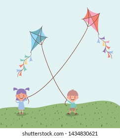 happy little kids flying kites in the field landscape
