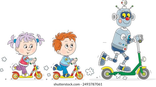 Happy little kids and a funny toy robot merrily riding their scooters on a playground in a park, vector cartoon illustration isolated on a white background