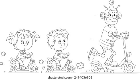 Happy little kids and a funny toy robot merrily riding their scooters on a playground in a park, black and white vector cartoon illustration for a coloring book