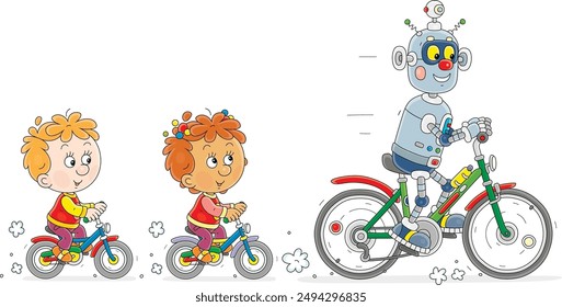 Happy little kids and a funny toy robot merrily riding small bicycles, vector illustration on a white background