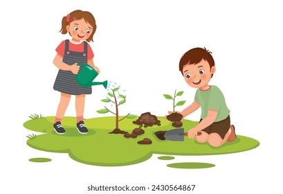 Happy little kids gardening digging planting watering tree together