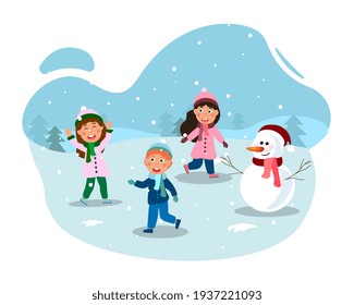 Happy Little Kids Having Fun Outdoors On First Snow Day Together. Concept Of Winter Outdoor Activities With Kids And Snowman. Children Playing Snowballs In Winter. Flat Cartoon Vector Illustration