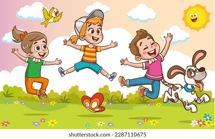 Happy Little Kids Having Fun. vector illustration of cute kids jumping dancing