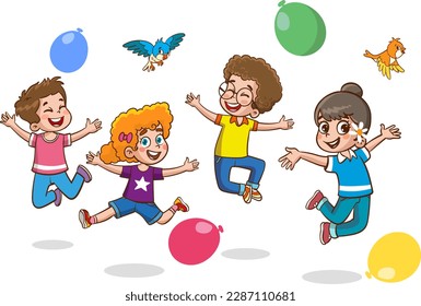 Happy Little Kids Having Fun. vector illustration of cute kids jumping dancing