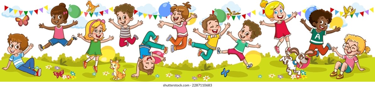 Happy Little Kids Having Fun. vector illustration of cute kids jumping dancing