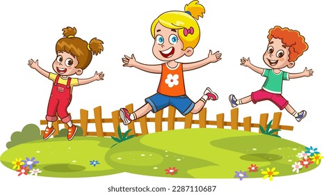 Happy Little Kids Having Fun. vector illustration of cute kids jumping dancing