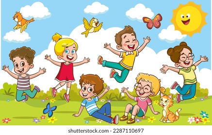 Niños Felices Divirtiéndose. ilustración vectorial de niños lindos saltando bailando