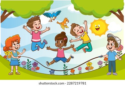 Happy Little Kids Having Fun. vector illustration of cute kids jumping rope