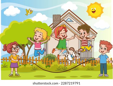 Happy Little Kids Having Fun. vector illustration of cute kids jumping rope
