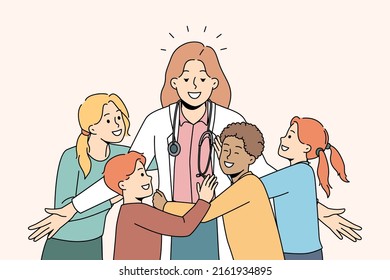 Happy little kids hugging smiling female doctor in clinic. Excited small children embrace pediatrician show love and care. Good medical service in hospital. Vector illustration. 