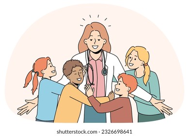 Happy little kids hugging smiling female doctor in clinic. Excited small children embrace pediatrician show love and care. Good medical service in hospital. Vector illustration.