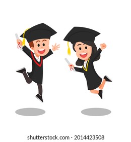 happy little kids jumping together while wearing graduation gowns