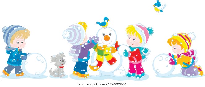 Happy little kids making big snow balls and sculpting a friendly smiling funny snowman with a colorful scarf, vector cartoon illustration