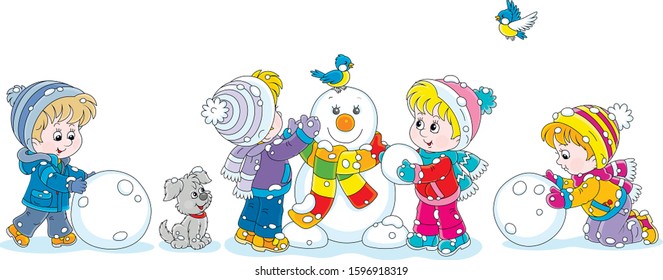 Happy little kids making big snow balls and sculpting a friendly smiling funny snowman with a colorful scarf, vector cartoon illustration