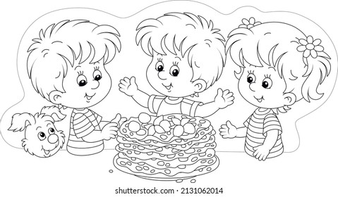 Niños felices con un dulce cachorro y panqueques recién fritos con bayas dulces en una mesa festiva, ilustración vectorial de contorno negro y blanco para una página de libros de color