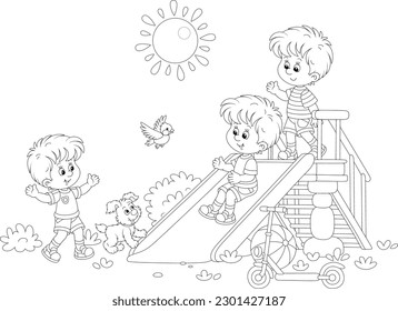 Happy little kids with a merry pup playing on a toy slide on a playground in a sunny summer park, black and white outline vector cartoon illustration for a coloring book page