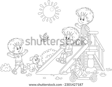 Happy little kids with a merry pup playing on a toy slide on a playground in a sunny summer park, black and white outline vector cartoon illustration for a coloring book page